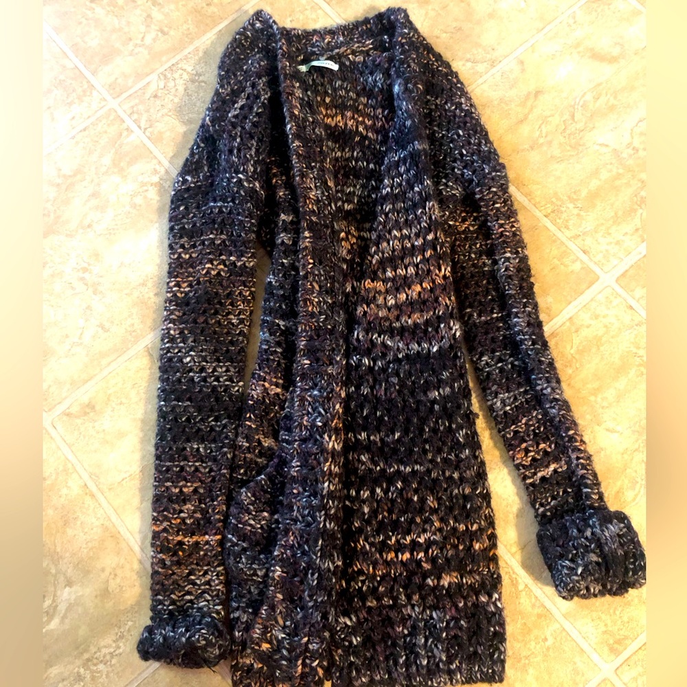 Long sweater cardigan, size S, black with hints of orange and purple